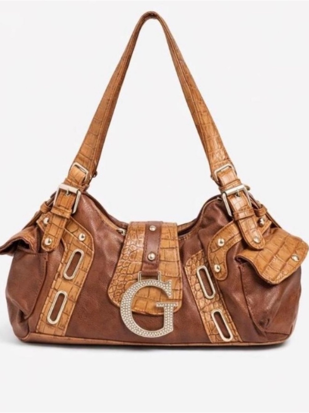 G-Embellished Brown Croc-Accent Shoulder Bag